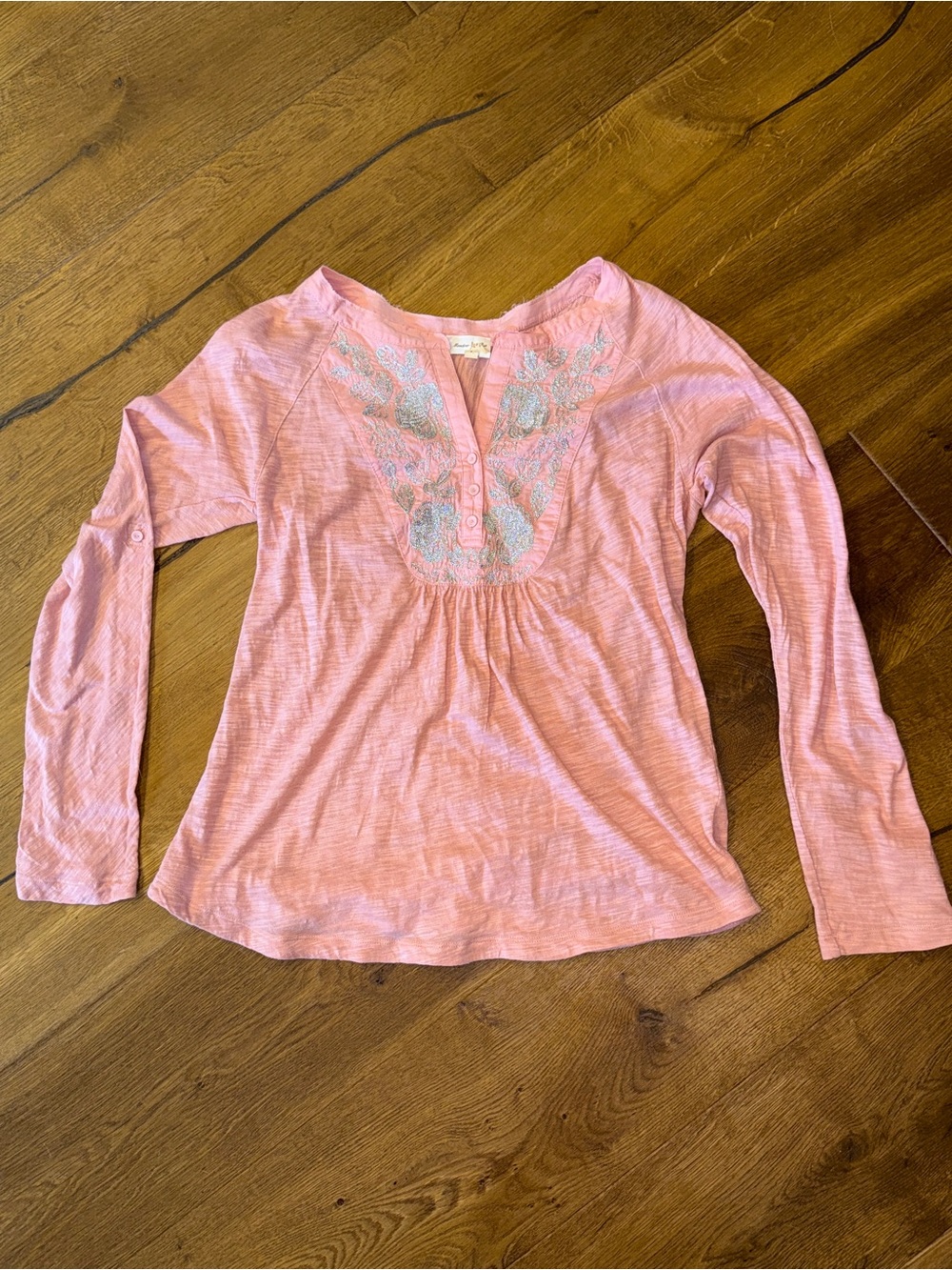 Meadow Rue Pink Long-Sleeve Henley Top with Silver Embroidery SMALL